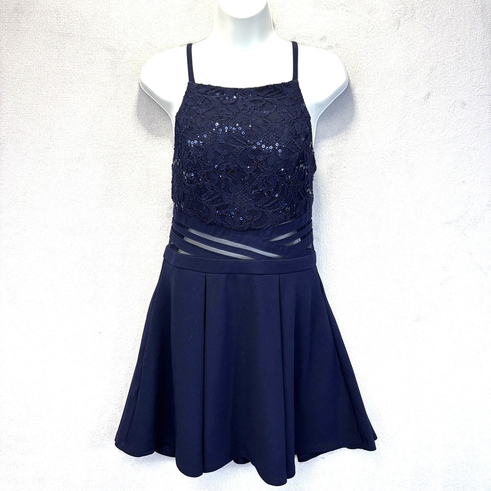 Windsor Fit & Flare Sequin Party Dress Womens S Navy Blue Short Mini Cocktail